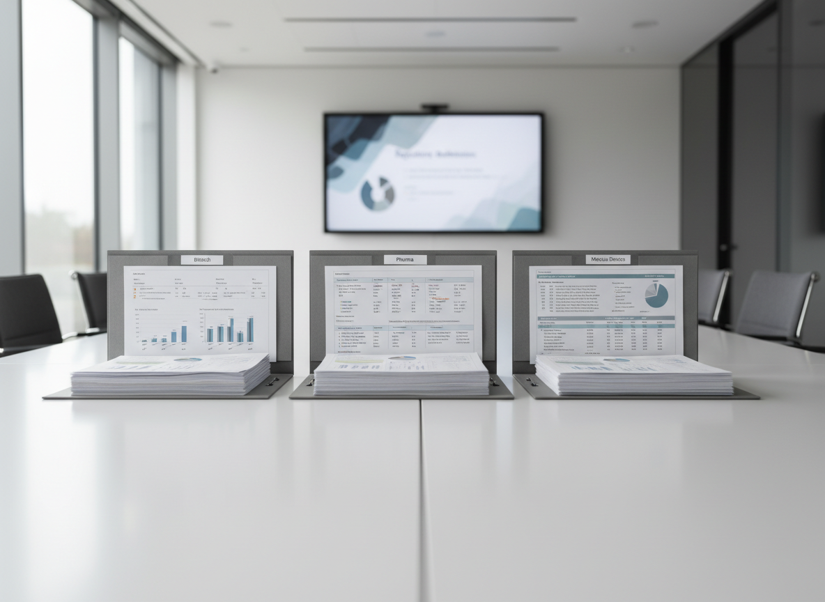 A modern, quiet conference room designed for biotech and pharmaceutical consulting meetings, entirely empty of people. At the center is a long, matte white table with three open folders labeled “Biotech,” “Pharma,” and “Medical Devices,” each containing neatly arranged printed charts and structured text. A large wall-mounted screen at the far end displays an out-of-focus regulatory submission timeline in muted blues and greys. Floor-to-ceiling windows on one side allow soft, overcast daylight to fill the room, creating gentle reflections on the table’s surface. Minimalist chairs with dark fabric line the table, slightly out of focus. Photographic realism captured from a slightly low, wide-angle perspective emphasizes clarity, organization, and strategic planning in a calm, professional atmosphere.