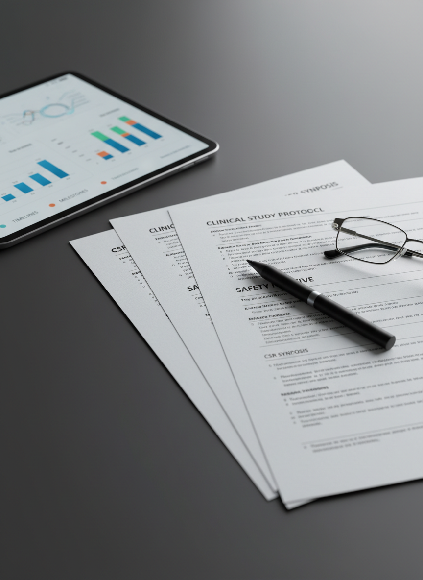 A close-up, photographic realistic still life of regulatory documents spread across a sleek dark-grey desk, with no people present. A detailed clinical study protocol, safety narrative, and CSR synopsis are visible, their headings and structured sections clear but non-legible. A matte black pen rests diagonally across the top document, next to a pair of understated, rimless glasses folded neatly. A tablet device lies off to the side, showing a blurred dashboard of timelines and milestones. Cool, diffused overhead lighting softly illuminates the paper textures and creates subtle reflections on the tablet screen. Shot from a slightly elevated angle with balanced composition, the scene feels precise, methodical, and highly professional, emphasizing accuracy and structure in regulatory medical writing.