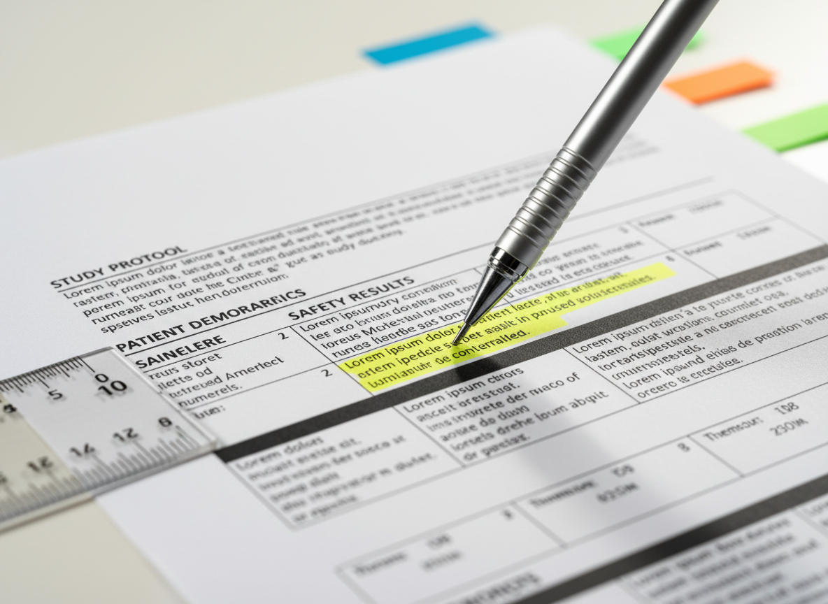 A detailed, photographic realistic macro shot of a printed clinical study report page on a clean white desk, entirely devoid of people. The focus is on the structured layout: precise section headings, numbered tables, and a clearly delineated safety results subsection, all rendered as non-legible lorem ipsum text. A fine-tip mechanical pencil points toward a neatly highlighted paragraph, while a transparent ruler and color-coded tabs peek in from the edges of the frame. Soft, directional desk-lamp light from the right creates delicate shadows along the paper fibers and subtle contrast against the bright background. Captured with a very shallow depth of field, the foreground text is razor-sharp while the rest falls into creamy blur, communicating meticulous attention to detail and rigorous quality review in regulatory medical writing.