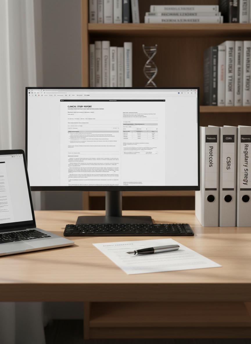 A meticulously organized medical writing workspace without any people, featuring an open silver laptop displaying a clean, text-based regulatory document layout on a large, matte-finish monitor beside it. The desk is a smooth light-wood surface with a slim black keyboard, a fountain pen resting on a printed protocol draft, and neatly stacked binders labeled “Protocols,” “CSRs,” and “Regulatory Strategy.” In the background, softly blurred shelves hold scientific reference books and a discreet model of a double helix. Soft daylight from an unseen window to the left creates gentle highlights on the laptop edges and casts calm, directional shadows. Photographic realism, captured at eye level with a shallow depth of field, conveys a professional, focused, and trustworthy atmosphere suitable for a regulatory medical writing consultancy homepage.