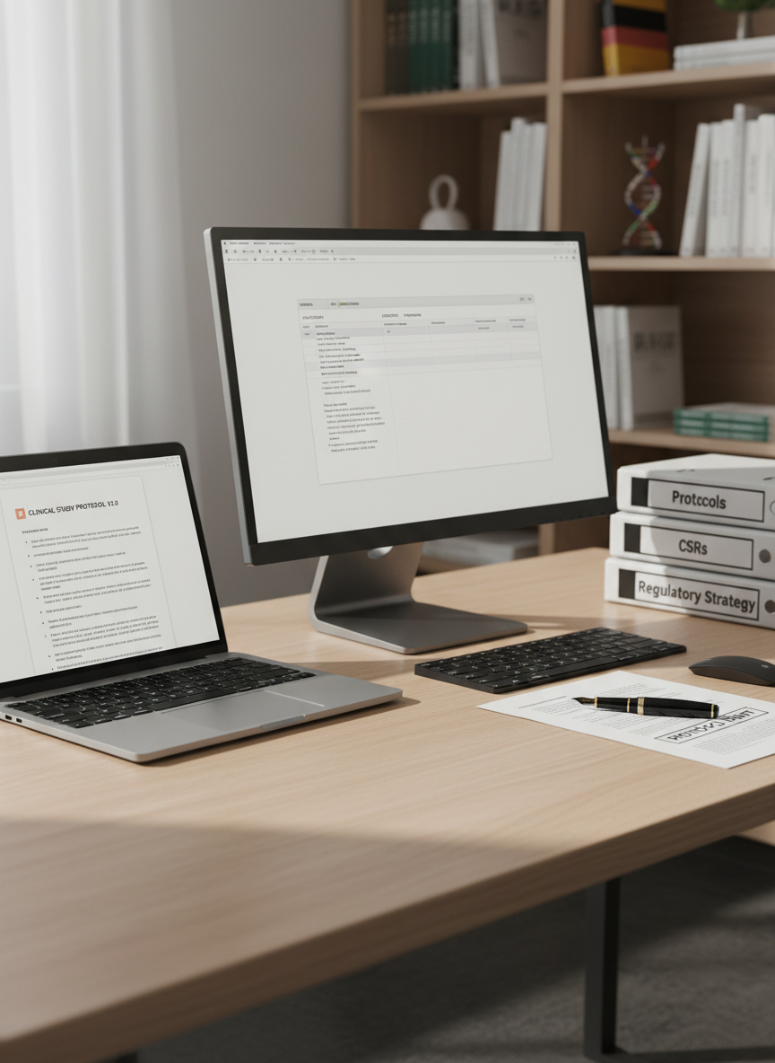 A meticulously organized medical writing workspace without any people, featuring an open silver laptop displaying a clean, text-based regulatory document layout on a large, matte-finish monitor beside it. The desk is a smooth light-wood surface with a slim black keyboard, a fountain pen resting on a printed protocol draft, and neatly stacked binders labeled “Protocols,” “CSRs,” and “Regulatory Strategy.” In the background, softly blurred shelves hold scientific reference books and a discreet model of a double helix. Soft daylight from an unseen window to the left creates gentle highlights on the laptop edges and casts calm, directional shadows. Photographic realism, captured at eye level with a shallow depth of field, conveys a professional, focused, and trustworthy atmosphere suitable for a regulatory medical writing consultancy homepage.