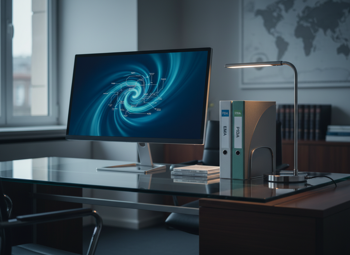 A sophisticated workspace dedicated to regulatory strategy consulting, with no people present, captured in photographic realism. A large glass desk holds a wide, ultra-thin monitor displaying an abstract, blurred regulatory submission roadmap in shades of blue and teal. Beside it, three standing paper folders are labeled “FDA,” “EMA,” and “PMDA,” their tabs color-coded and perfectly aligned. A compact stack of reference guidelines with visible but non-legible spines sits under a minimalist chrome desk lamp. Cool, indirect afternoon light from a nearby window combines with the lamp’s soft white glow, creating layered, professional lighting and gentle reflections on the glass surface. Shot at a three-quarter angle with moderate depth of field, the scene conveys global regulatory insight, precision, and high-level scientific consulting.