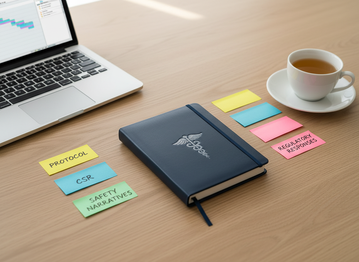 An elegant, photographic realistic overhead view of a clinical documentation planning scene on a pale oak desk, with no human presence. Color-coded sticky notes arranged in a clear sequence spell out phases like “Protocol,” “CSR,” “Safety Narratives,” and “Regulatory Responses,” surrounding a central, closed navy-blue notebook embossed with a subtle caduceus symbol. A slim silver laptop sits to one side, screen just visible with a blurred project plan. A ceramic cup of herbal tea on a white saucer adds a touch of calm. Soft morning light from the top of the frame washes across the desk, creating gentle shadow gradients and a serene, organized atmosphere. The composition uses rule of thirds with sharp focus throughout, evoking meticulous planning and structured thinking in medical writing projects.